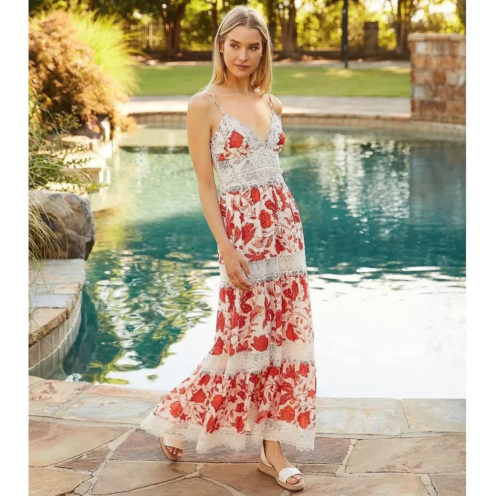 NWT Antonio Melani Red Orange and Ivory Floral Maxi Dress with Lace Size 2 - Picture 2 of 9